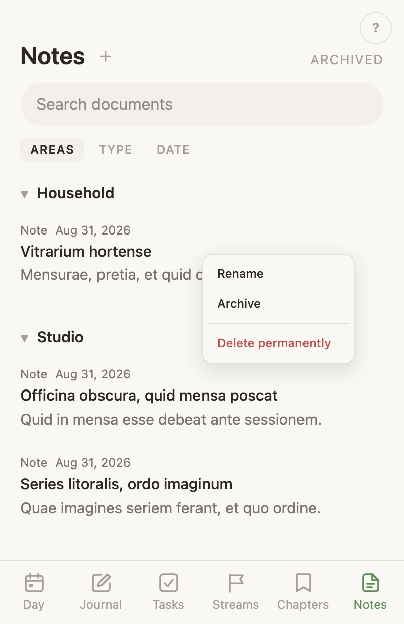 A document's row menu open on the web: Rename, Archive and Delete permanently.