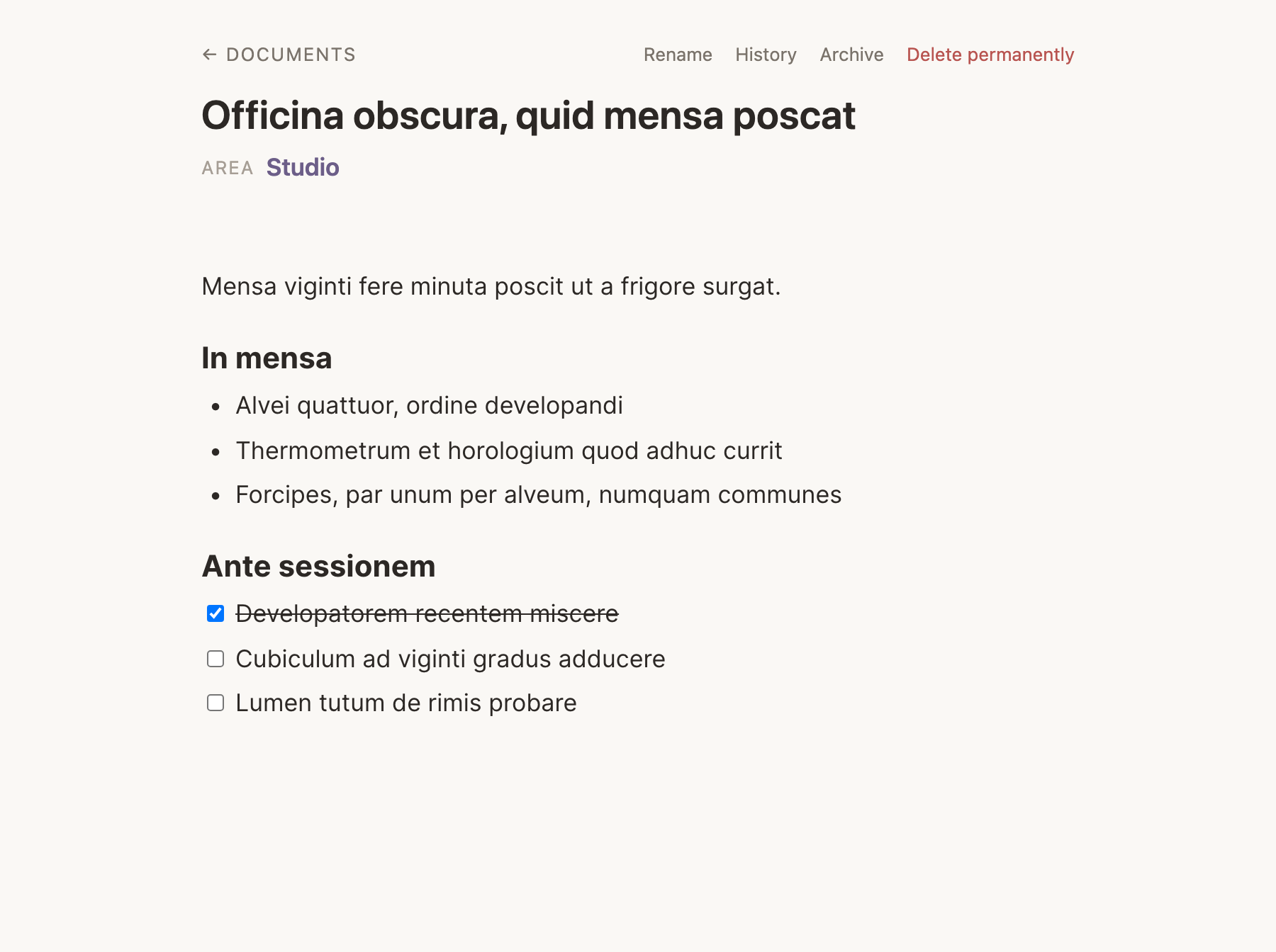 A document open in the web editor, its headings, bullets and checkboxes drawn, with the back link and Rename, History, Archive and Delete permanently along the top.