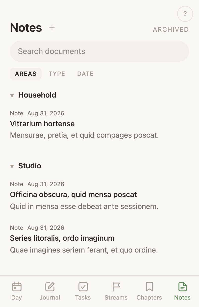 The Notes tab grouped by life area, each row giving its kind and date above its title and its description below, with Archived above the list.