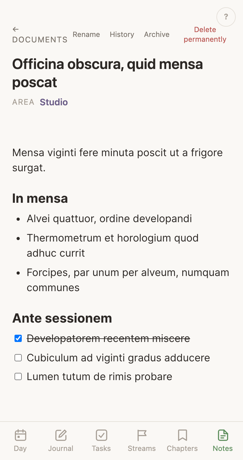 A document on a phone, its headings and list items drawn, with the back link and Rename, History, Archive and Delete permanently above the title.