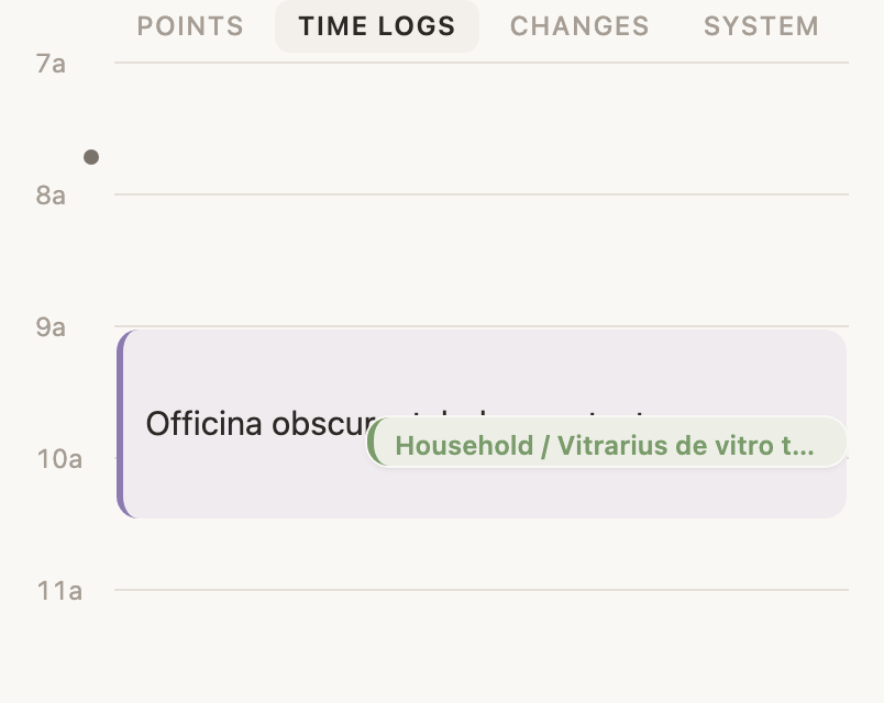 The Day on a phone: the tab bar naming Points, Time logs, Changes and System, with Time logs the one being read.