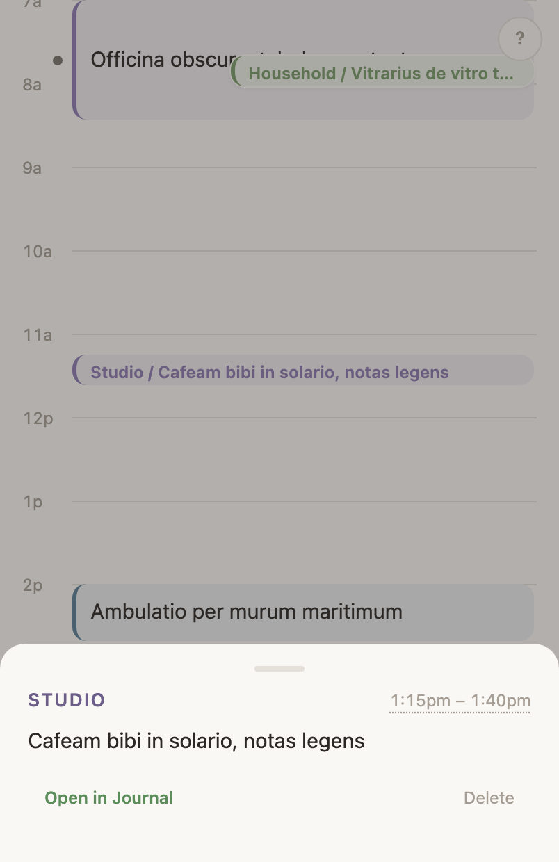 A time log opened on the Day: the sheet shows its area, its words and its time, with the time underlined as the control that changes it.