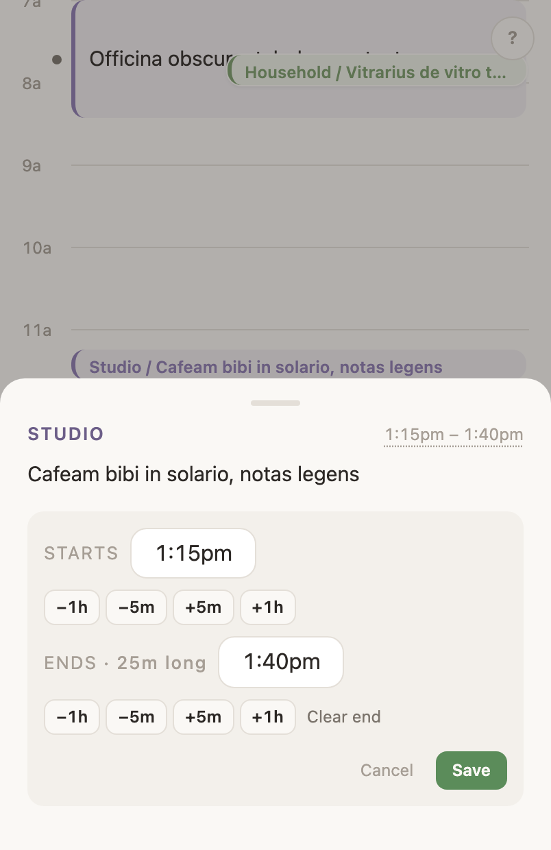 The time editor open on an entry, with Starts and Ends fields and Save.