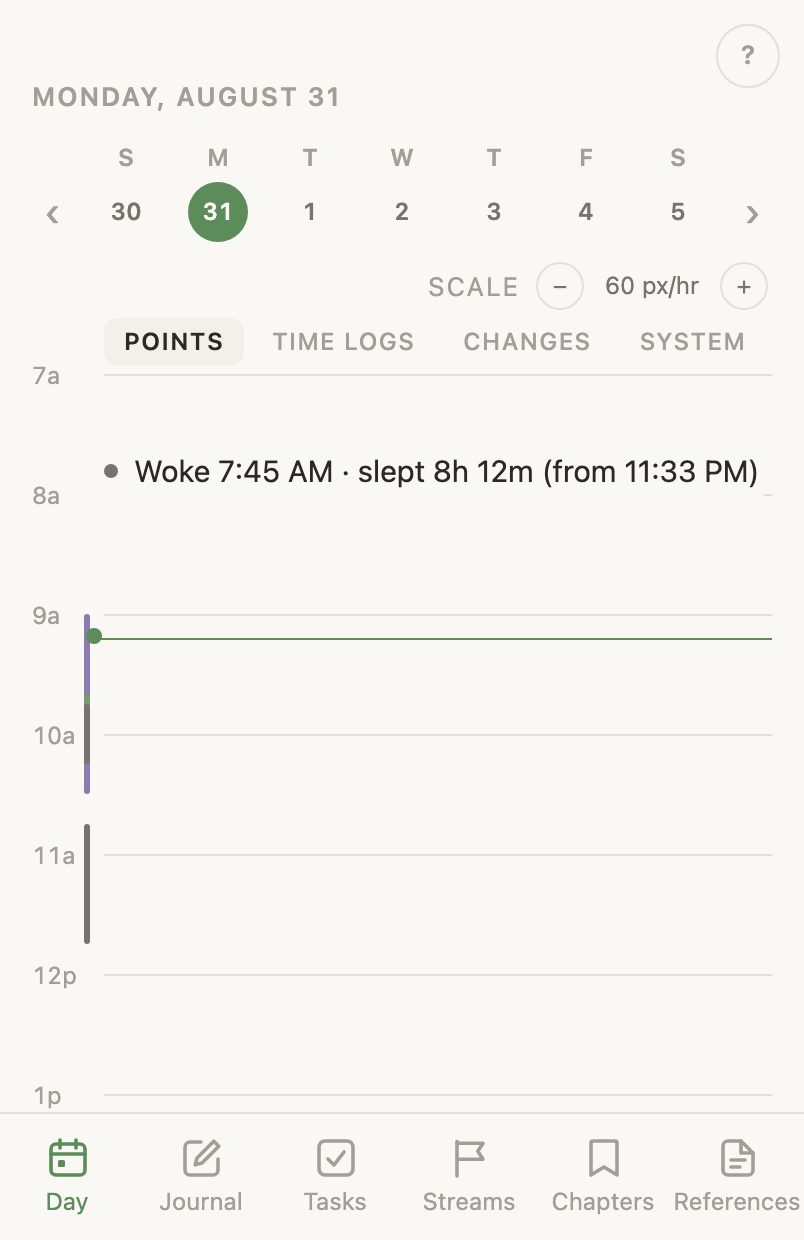 The Points column on a phone, holding the day’s moments and the sleep reading, with no finish marker on anything.