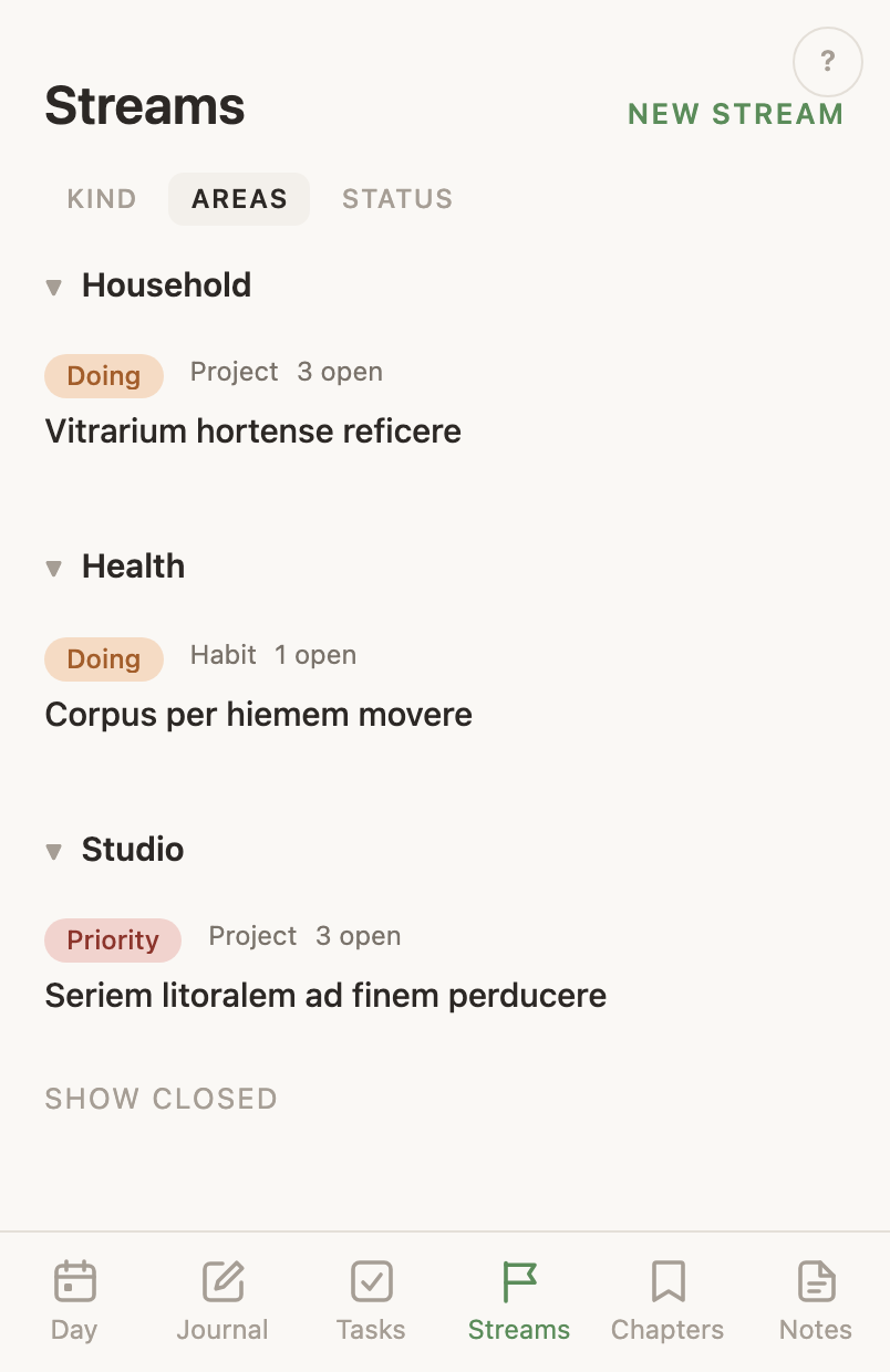 The Streams screen: one row per stream, each reading its status, its life area, its kind, and how much is open under it.
