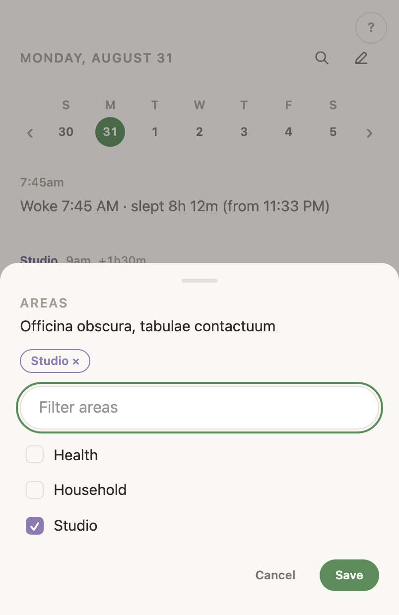 The life-area picker open on an entry, filtering as you type.