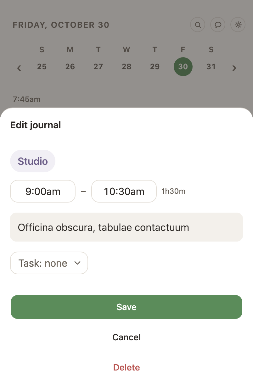 The Edit journal dialog on the web: the entry's life areas as chips and its start and end clocks on one line, the words under them, the Task field, and Delete, Cancel and Save.