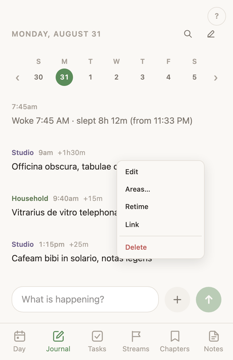 An entry's menu open on the web: Edit, Areas, Retime, Link, and Delete.
