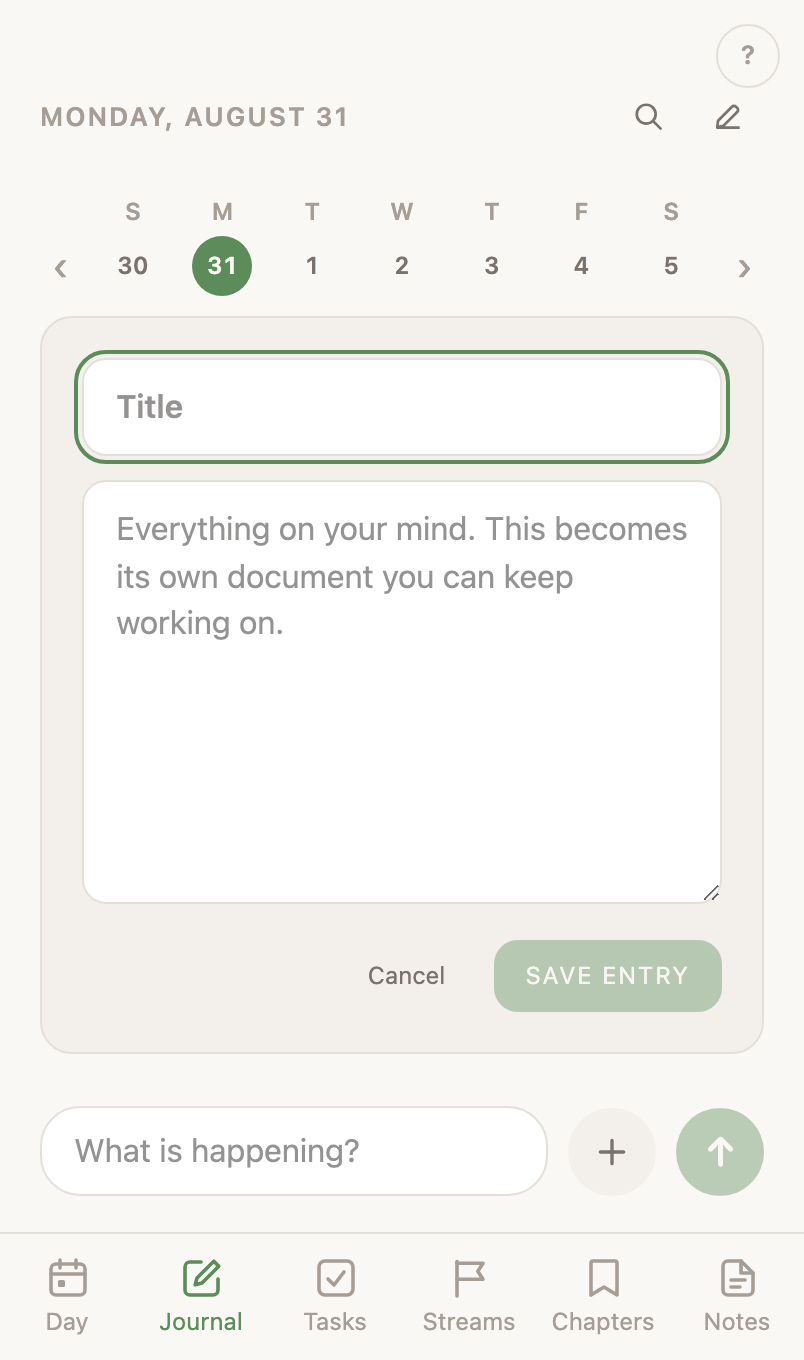 The long-form composer open, with a title field above a body field.