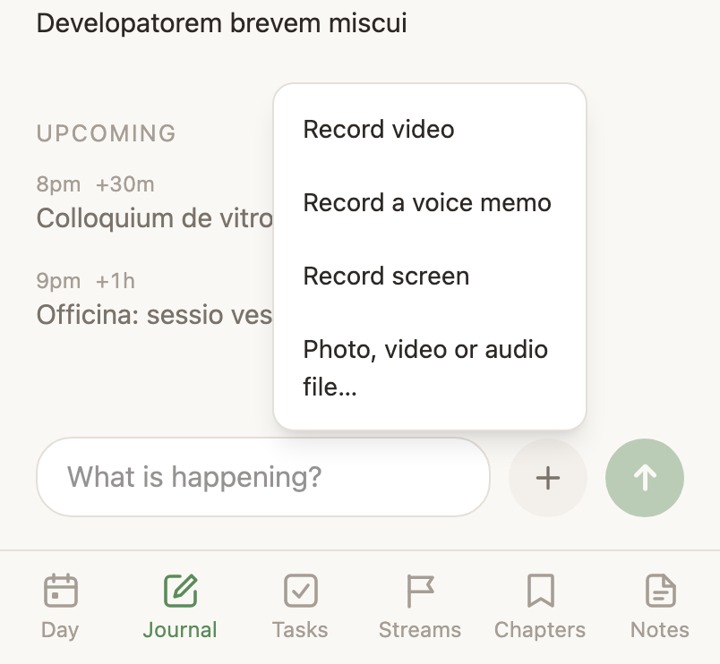 The menu the plus button opens above the capture bar: Record video, Record a voice memo, Record screen, and Photo, video or audio file.
