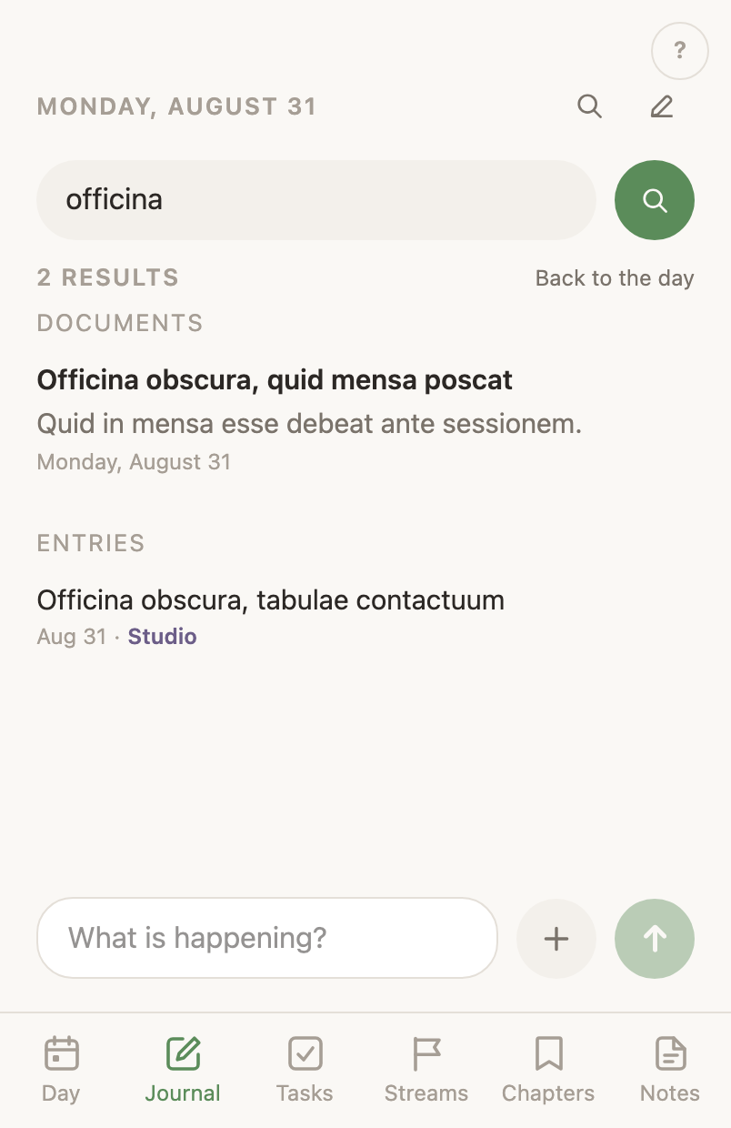 Journal search with a query typed, results grouped as documents and entries.