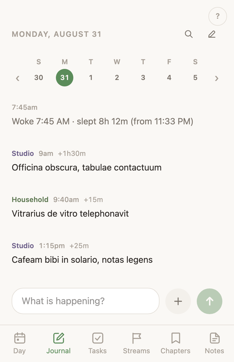 The journal on a phone: the day's entries under a week strip, each with its life area, its time, and its length when it has one.