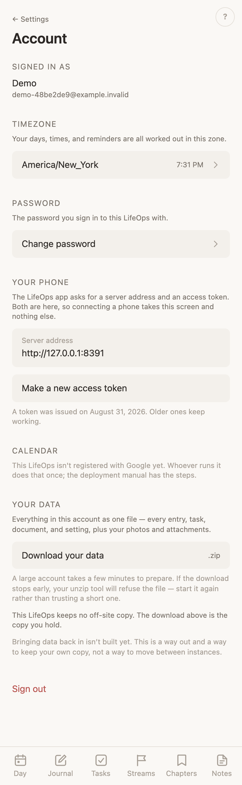 The Account settings page: the signed-in name and email, and the timezone picker with live clocks.