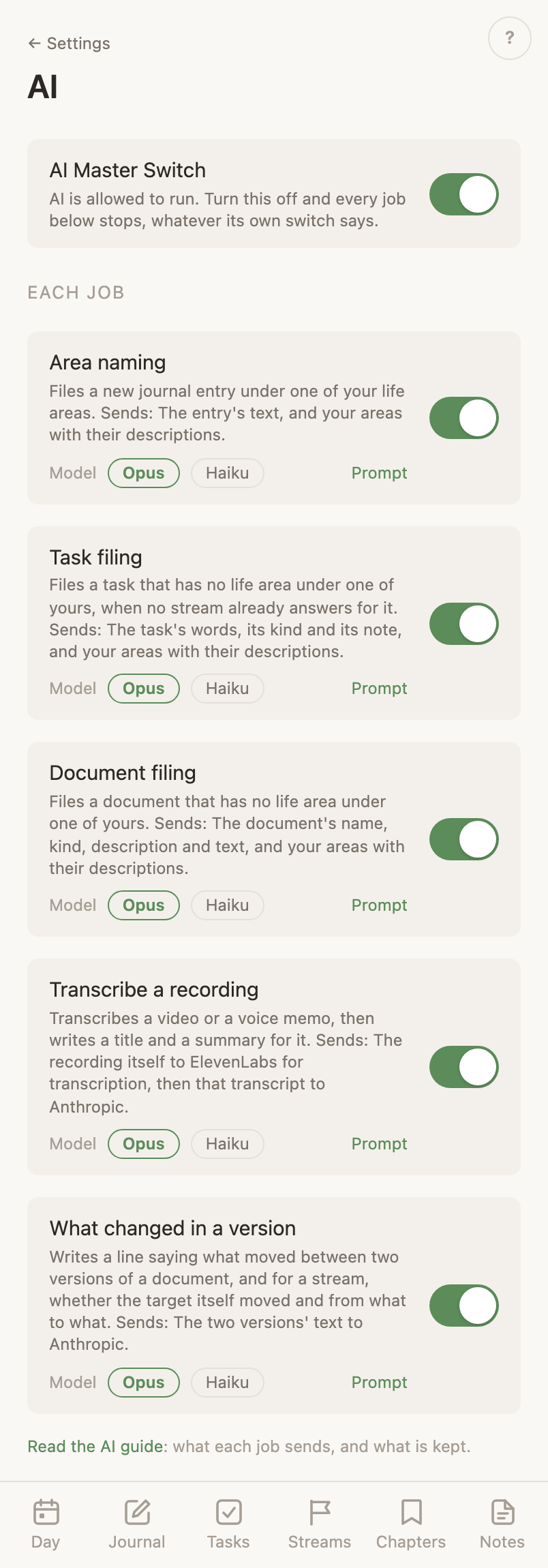 The AI settings page: the master switch above the job switches, each saying what it sends.