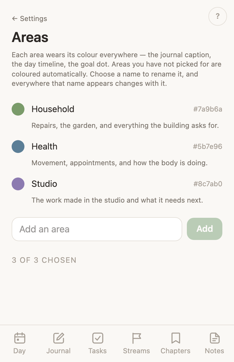 The Areas settings page: each life area with its colour swatch, and the field that adds one.