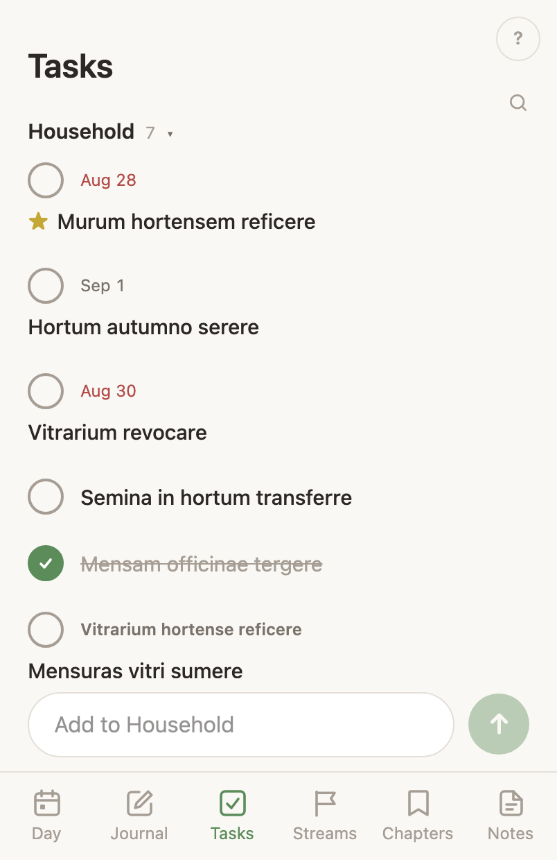 A task just completed: its ring filled and its words struck through, still in place on the list.