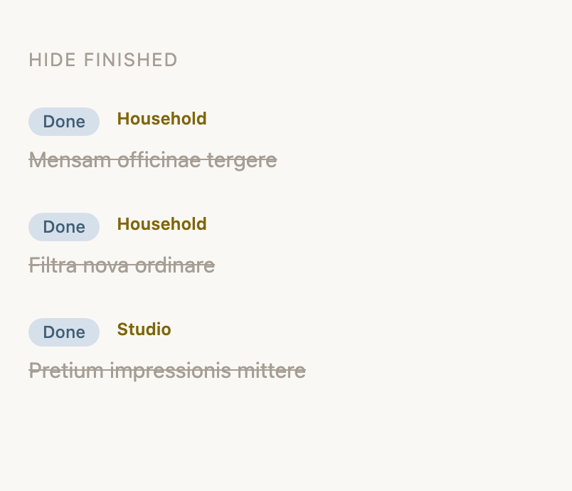 The finished list open, each task struck through with the status it closed on beside it.