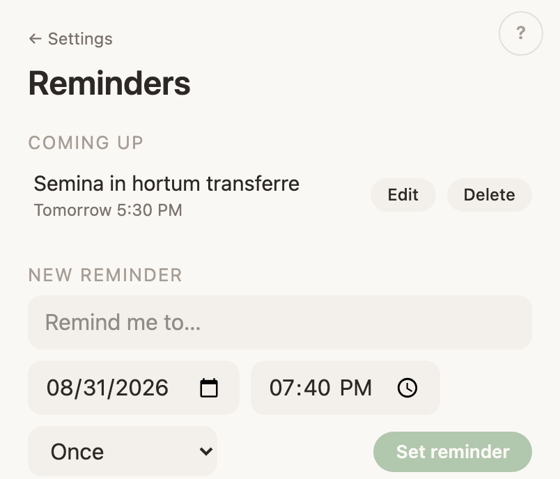 The reminder composer, with its own date and time fields and a repeat choice.