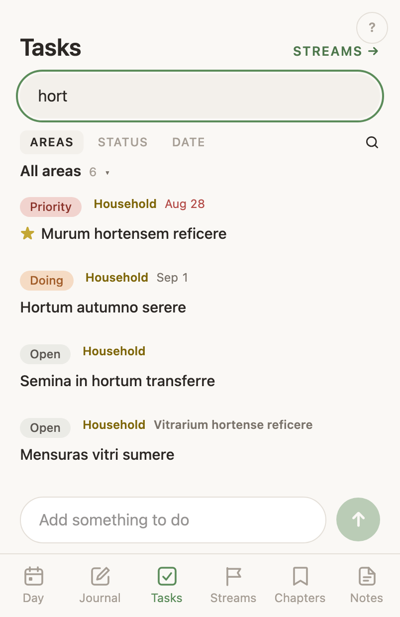 The task search field open with a word typed, the list below narrowed to the matches across every area.