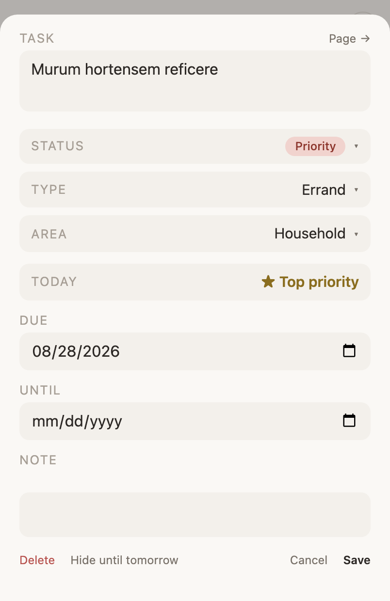 A task's sheet open, its rows in order: Task, Status, Type, Area, Today with its top-priority star, Due, Until and Note, with Page in the top corner and Delete, Hide until tomorrow, Cancel and Save along the bottom.