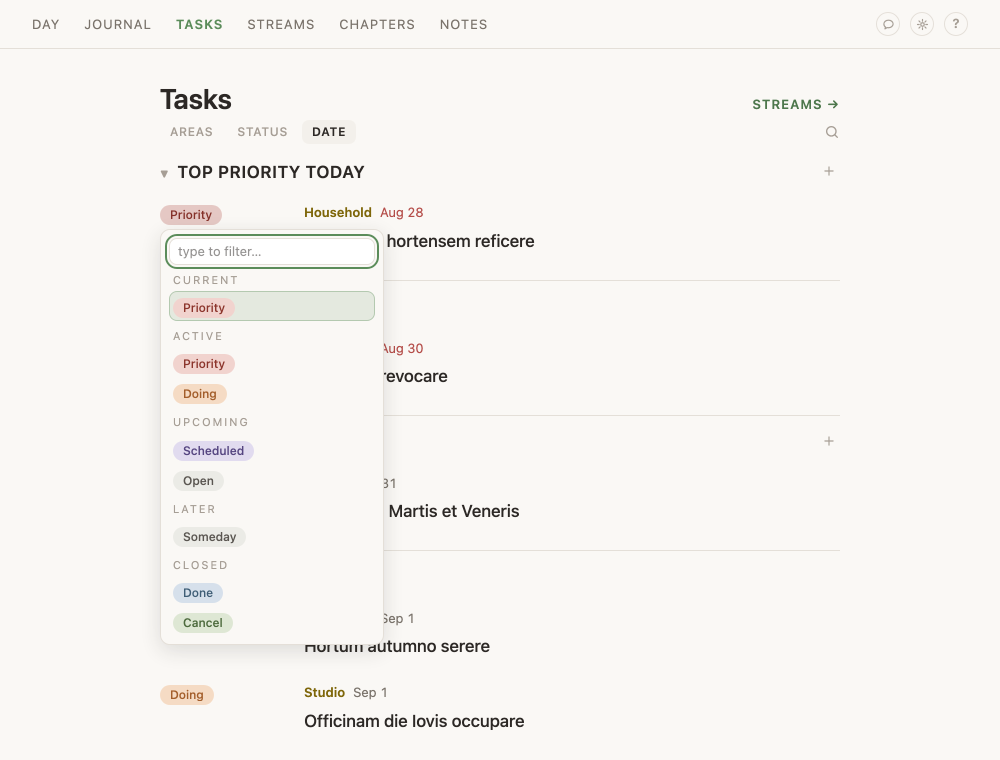 The status picker open from a task's row, the statuses listed under their four group headings.
