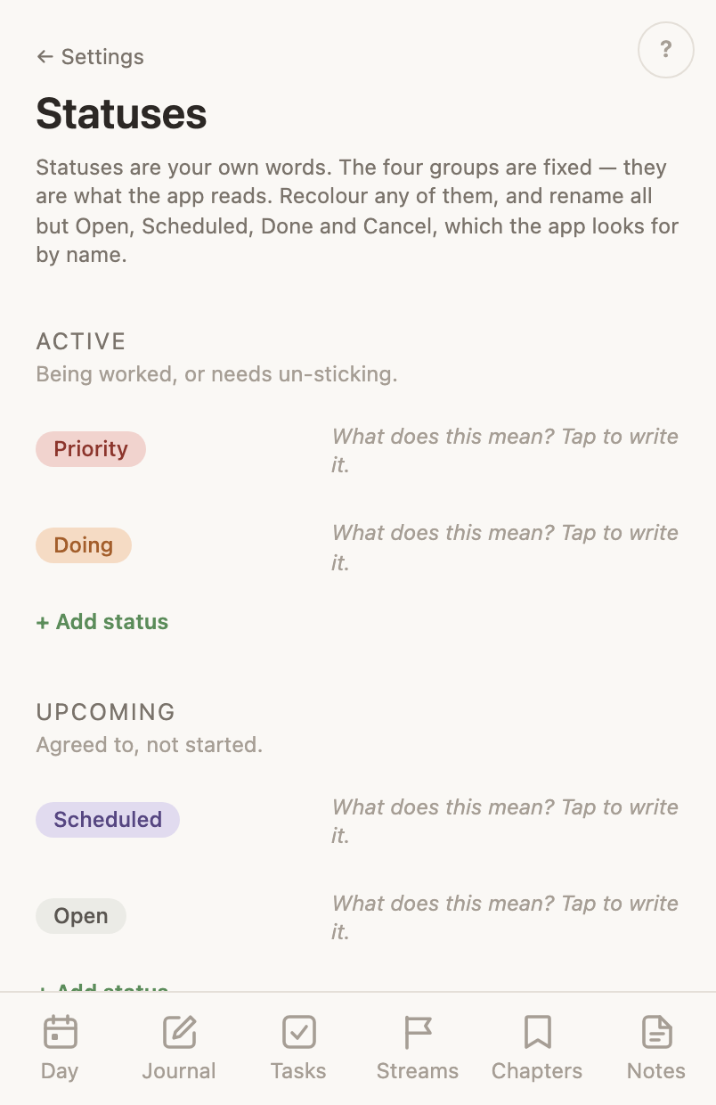 The status editor: each status with its colour and its description, under the four group headings.