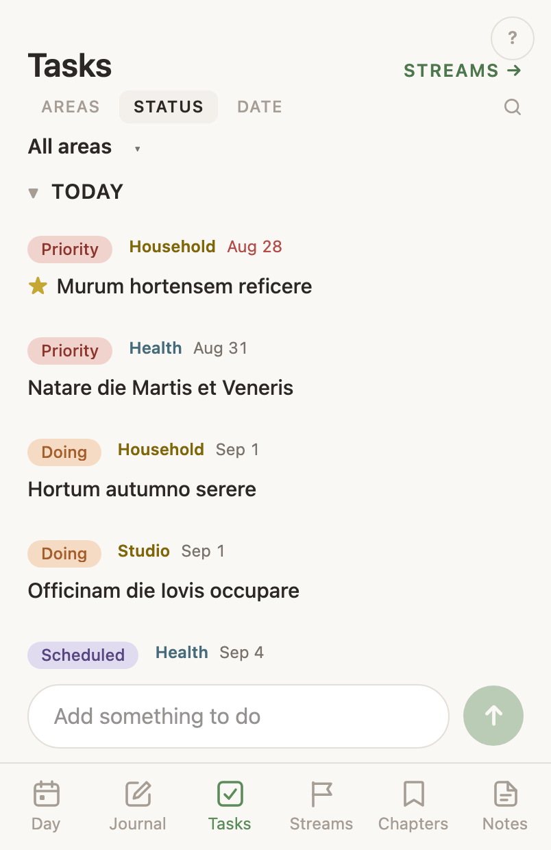 The Status view: the same tasks arranged under their status words, with the view bar above.
