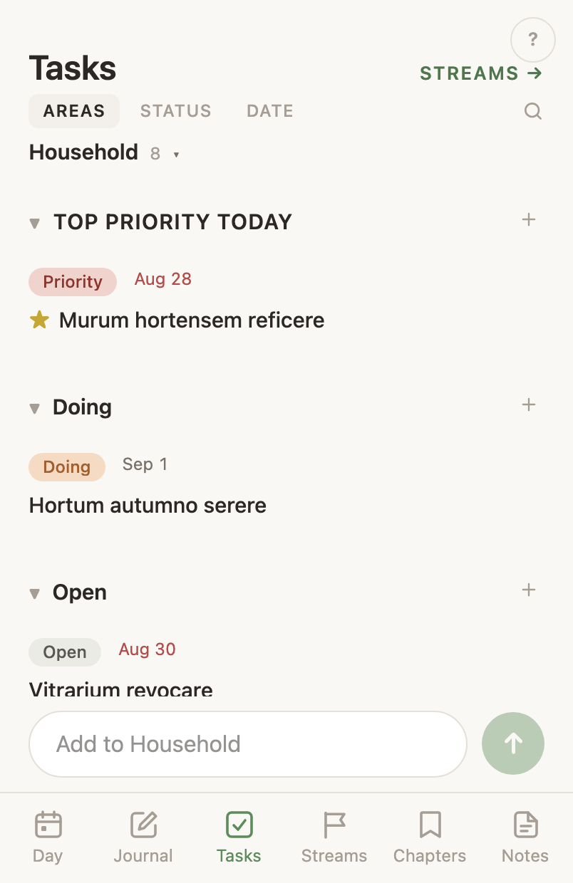 Tasks grouped by life area, each group showing its open count, with the add bar scoped to the area you are looking at.