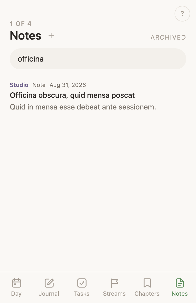 The Notes tab: a title with a plus, a search field, the Areas, Type and Date words, then documents under life-area headings, each row showing its type, its date, its title and its description.