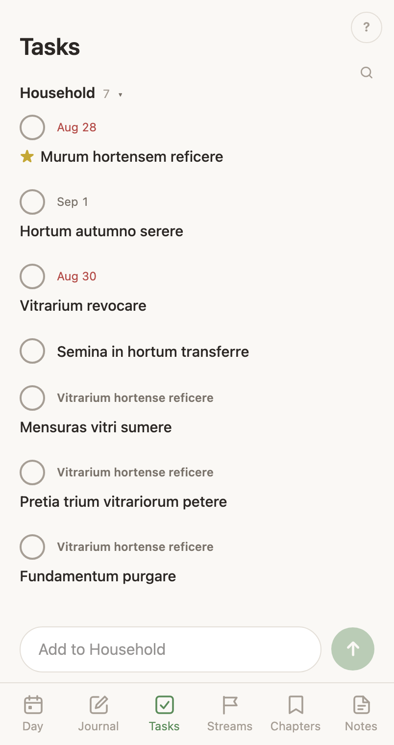 The Tasks screen on a phone: the area you are in with its count beside its name, tasks with check rings, and the add bar.